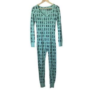 Victoria's Secret PINK Aqua/Black Waffle Knit Love Pink Onesie Sz XS